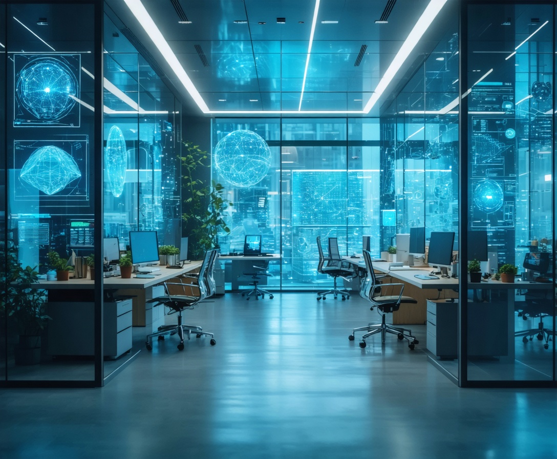 Modernes Berliner Büro mit technologischen Overlays für KI-Schulungen