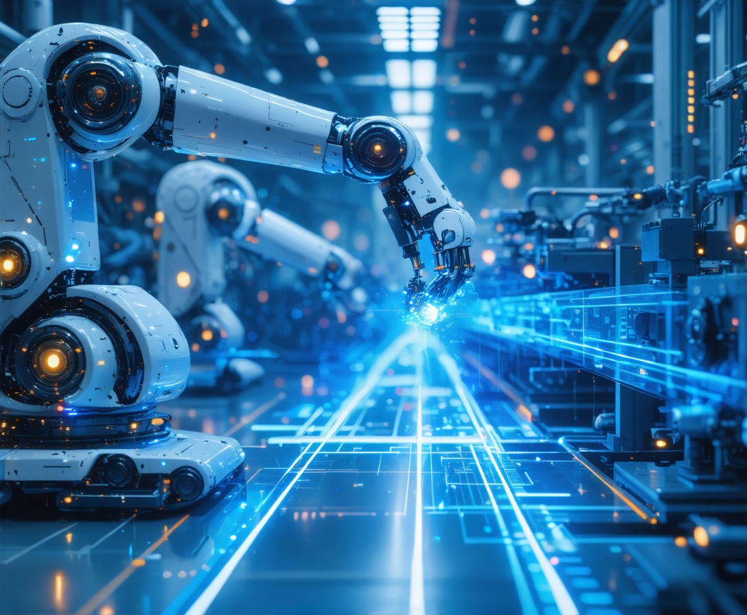 Abstrakte Nahaufnahme eines Roboterarms in einer High-Tech-Fabrik