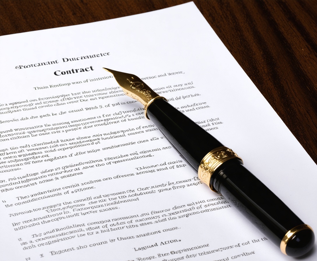 Nahaufnahme eines Füllfederhalters auf einem formalen Vertragsdokument