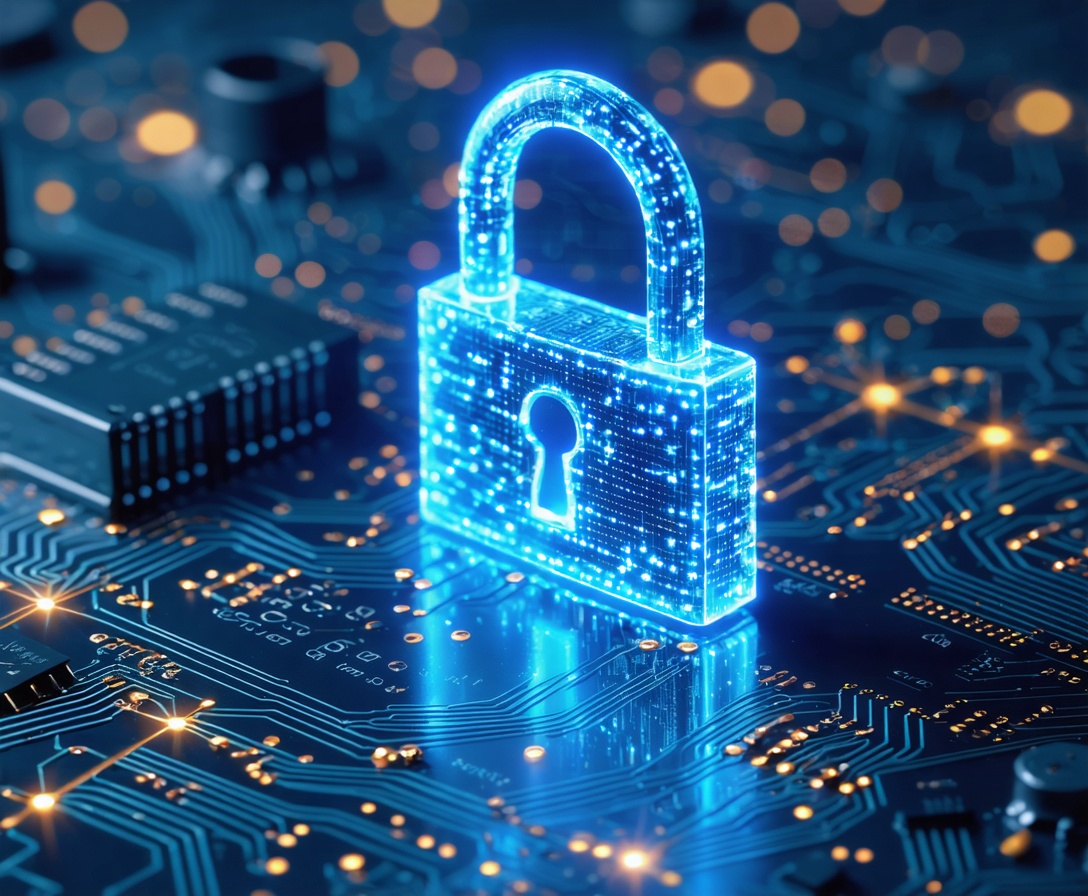 Symbolische Darstellung für Datensicherheit: Digitales Schloss über einem Schaltkreis