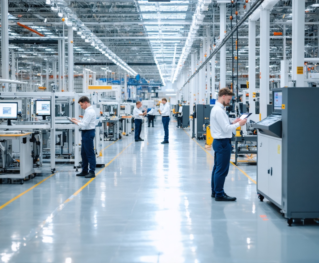 Moderne Fertigungshalle nach der Implementierung von KI-Qualitätssicherungssystemen